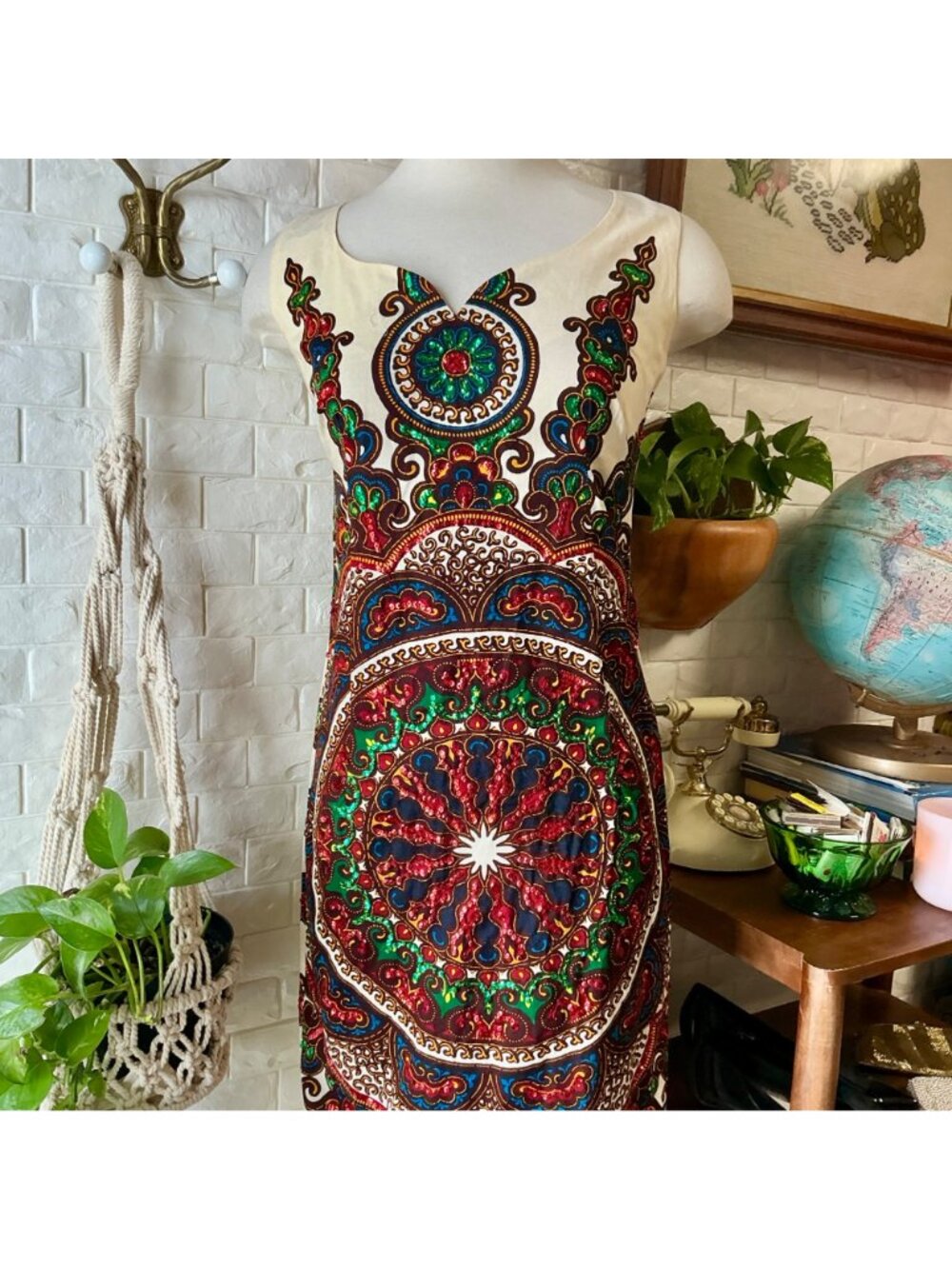 Vintage 70s Bou Boudina Maxi Dress Ornately Sequined Colorful Dashiki Medallion - Picture 2 of 14